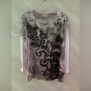 Jess & Jane XL Black/White Gray V-Neck 3/4 Sleeve Sheer Blouse w/ Embellishments